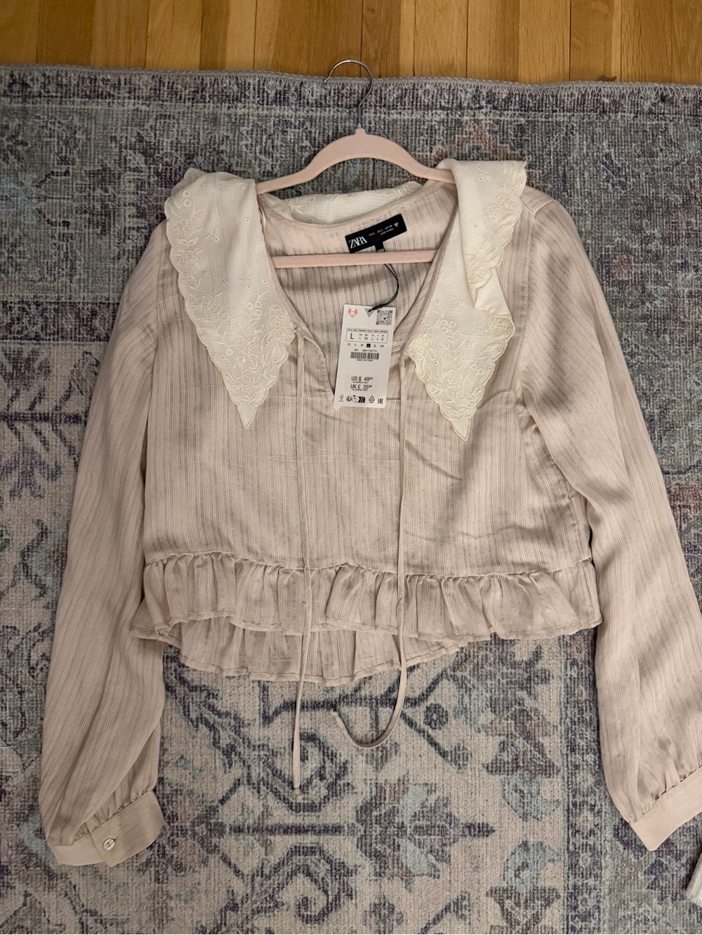 Zara Pink-Blush Lace Collar Striped Blouse